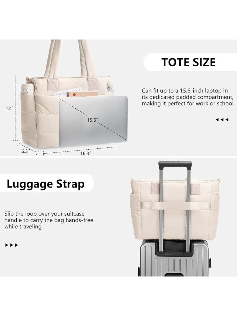 👜Women's Camel Quilted Puffer Tote Bag Lightweight Work For Travel Handbags